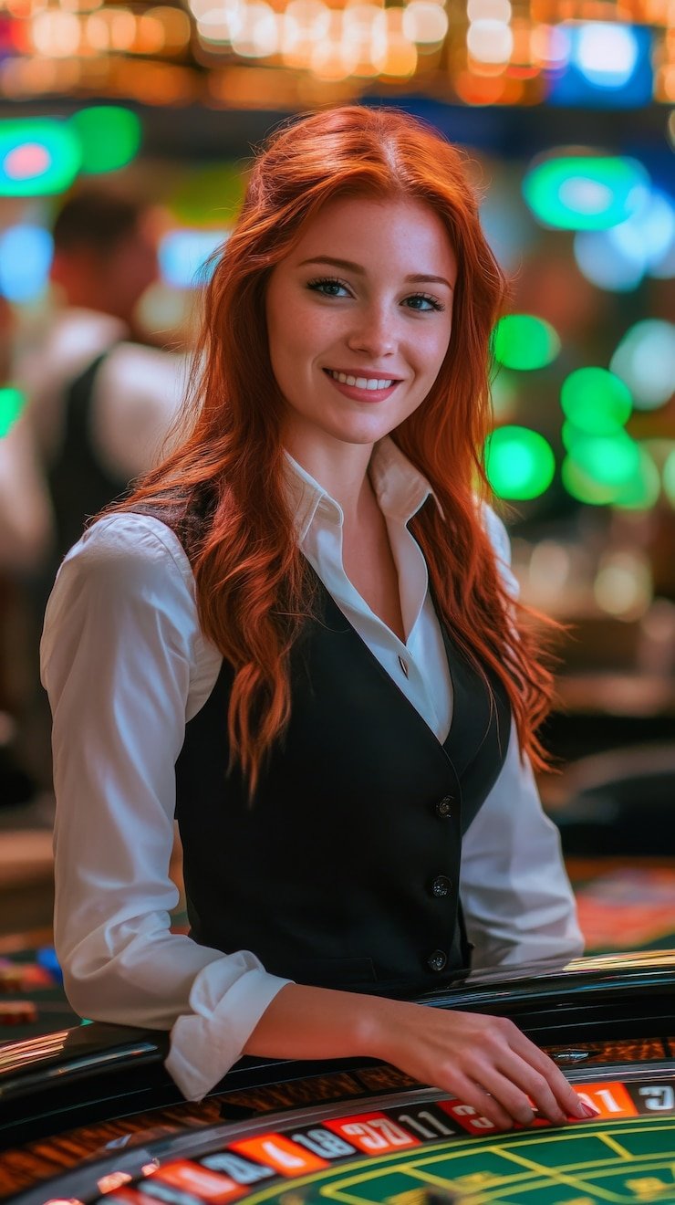 Live blackjack table with professional dealer Live blackjack dealer conducting a round with visible card dealing